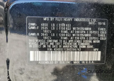 2017 Subaru Outback Touring z USA, uszkodzony, nr VIN 4S4BSETC8H3286742